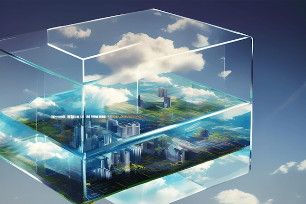 Concetto creativo di cloud in un cubo di vetro Memorizzazione delle informazioni sulla sala server digitale Cloudscape