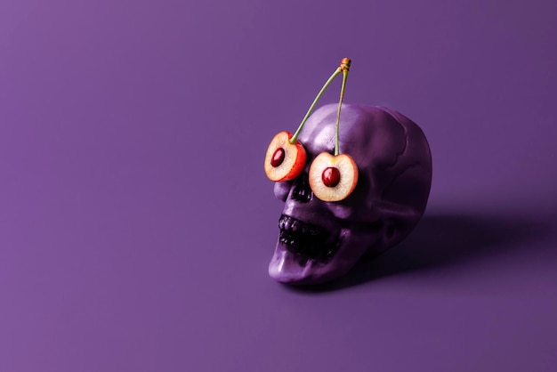 Concetto creativo di Halloween Teschio viola con ciliegie tagliate invece di occhi su sfondo viola