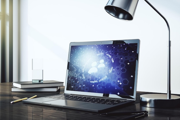 Concetto creativo di icone di persone sullo schermo di un laptop moderno Concetto di assicurazione sulla vita e sulla salute rendering 3D