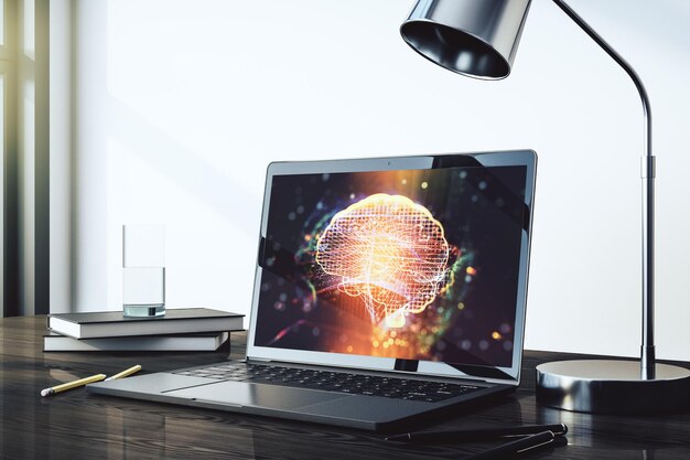 Concetto creativo di intelligenza artificiale con schizzo del cervello umano sul moderno monitor portatile rendering 3D