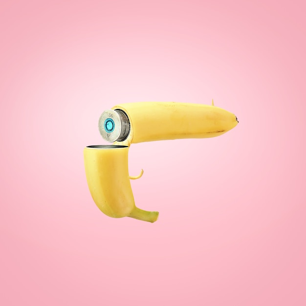 Concetto creativo di uno stile di vita sano. Una banana caricata con una cartuccia su uno sfondo rosa.