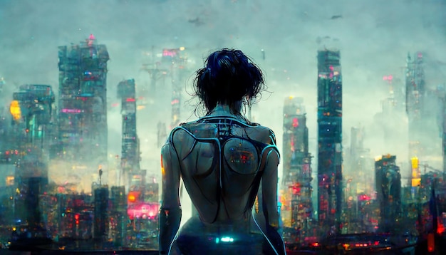 Concetto cyberpunk Una coraggiosa ragazza cyberpunk con background metropolitano