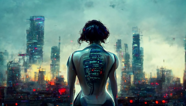 Concetto cyberpunk Una coraggiosa ragazza cyberpunk con sfondo metropolitano