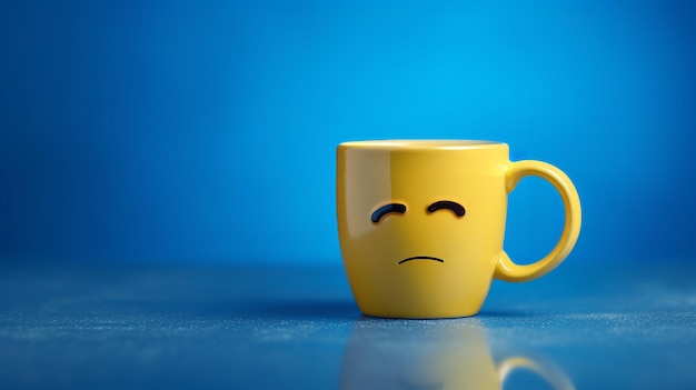 Concetto del lunedì blu con una tazza gialla con una faccia depressa su uno sfondo blu AI generativa