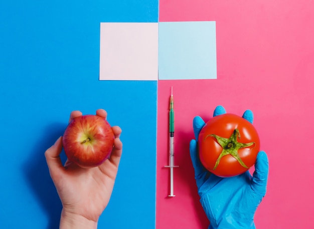 Concetto dell&#39;alimento geneticamente modificato su fondo rosa e blu