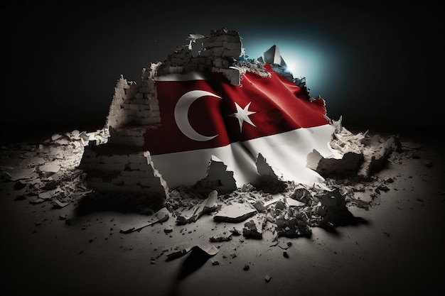 Concetto della bandiera turca sulle rovine della casa dopo il terremoto Generazione AI