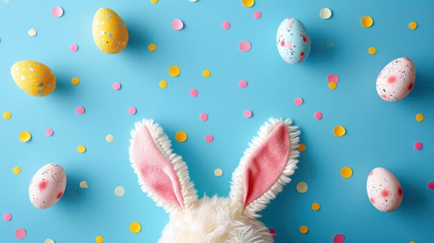 Concetto della festa di Pasqua Top view foto delle orecchie del coniglio di Pasqua uova bianche rosa blu e gialle su sfondo blu pastello isolato con copyspace al centro