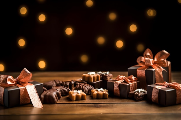 Concetto della Giornata Mondiale del Cioccolato Cioccolato su tavola di legno con sfondo sfocato