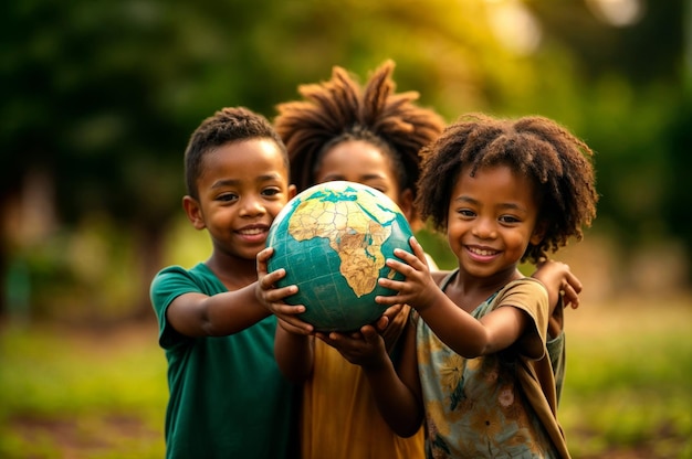 concetto della giornata mondiale del pianeta I bambini che tengono in mano un pianeta terra in miniatura