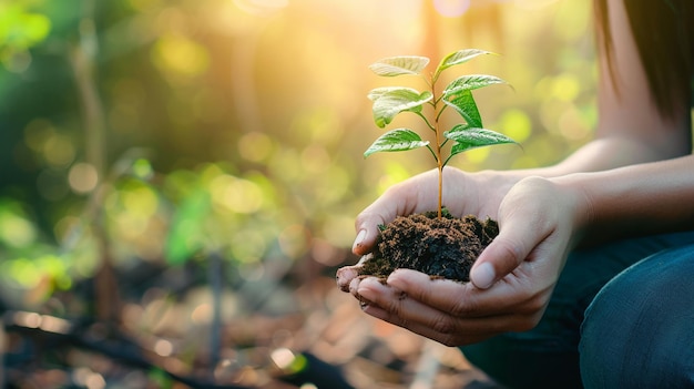 Concetto della Giornata Mondiale dell'Ambiente con una ragazza che tiene piccoli alberi in entrambe le mani