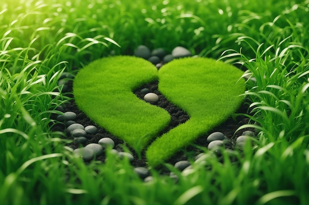 Concetto della Giornata Mondiale dell'Ambiente Terra a forma di cuore su erba verde generata dall'intelligenza artificiale