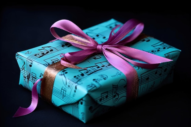 Concetto della Giornata mondiale della musica Confezione regalo avvolta in carta con note musicali e nastro