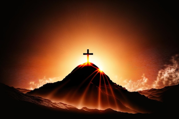 Concetto della risurrezione di Gesù Cristo Sfondo dell'alba con una silhouette a croce su una collina