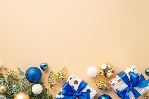 Concetto della vigilia di Natale Foto dall'alto di ornamenti di pigne, scatole regalo di palline di oro bianco blu con fiocchi di nastro e rami di pino nel gelo su sfondo beige isolato con spazio vuoto