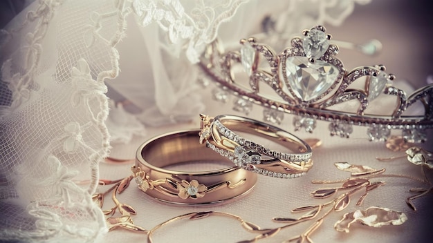 Concetto di accessori da sposa con anelli da sposa da vicino