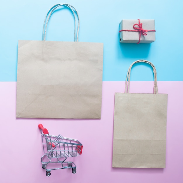 Concetto di acquisto: piatto laici di mock up shopping bag per il marchio con scatola regalo