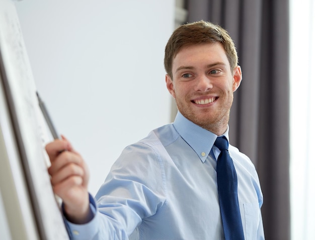 concetto di affari e persone - uomo d'affari sorridente che indica il marcatore a flipboard sulla presentazione in ufficio