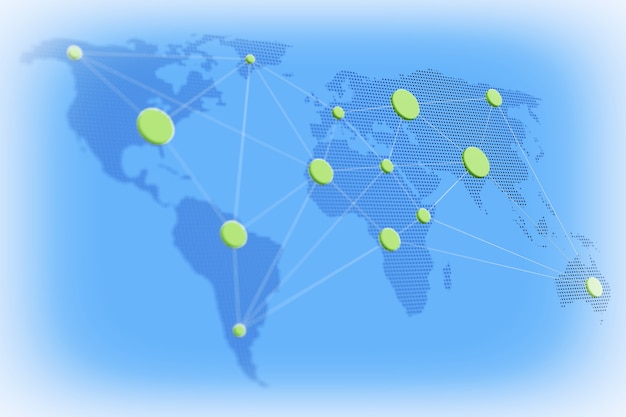 Concetto di affari in tutto il mondo. Mappa del mondo con nodi collegati su sfondo blu. Rendering 3D