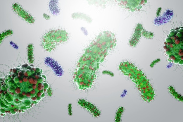 Concetto di agenti infettivi batteri bacilli E coli parte del microbioma intestinale Immagine ingrandita da sotto il microscopio Rendering 3D Illustrazione 3D