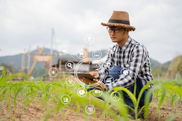 Concetto di agricoltore intelligente che utilizza il computer tablet nel giardino del campo l'applicazione della tecnologia moderna nelle attività di coltivazione agricola