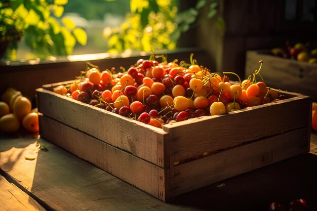 Concetto di agricoltura e raccolta con frutta fresca in scatole di legno giardino agricolo Ai generato
