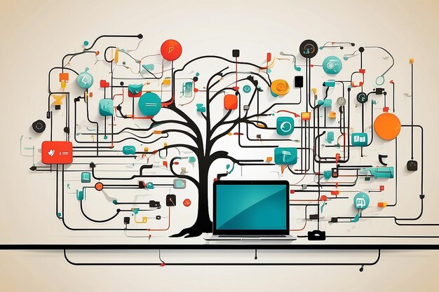 Concetto di albero con icone web vettoriali icone aziendali e icone tecnologiche Illustrazione