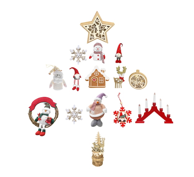 Concetto di albero di Natale Le figurine di Natale sono disposte a forma di albero di Natale