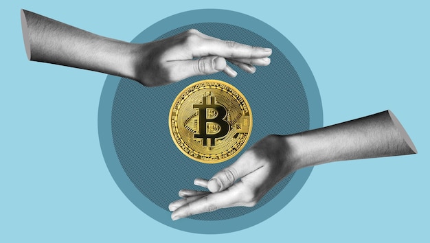 Concetto di alfabetizzazione finanziaria Moneta Bitcoin in mano femminile in stile collage Studiare la criptovaluta