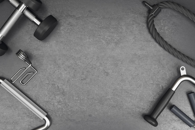 Foto concetto di allenamento e sport con eleganti attrezzature da palestra su pavimento scuro con copyspace 3d rendering mockup