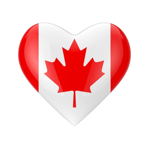 Concetto di amore Canada. Bandiera del Canada a forma di cuore su uno sfondo bianco 3d Rendering