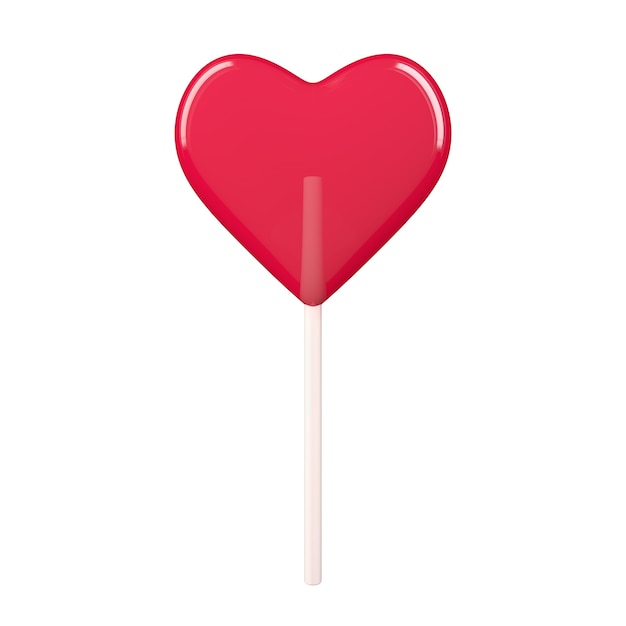 Concetto di amore. Caramella lecca-lecca cuore rosso su sfondo bianco. Rendering 3D