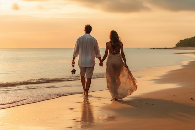 Concetto di amore e libertà Coppia felice che cammina sulla spiaggia Ai generativa