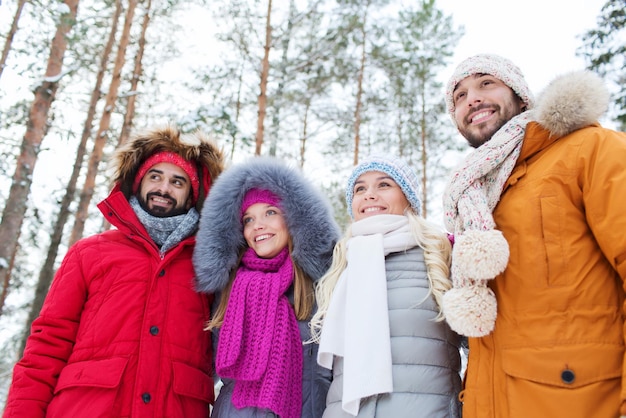 concetto di amore, relazione, stagione, amicizia e persone - gruppo di uomini e donne sorridenti che camminano nella foresta invernale