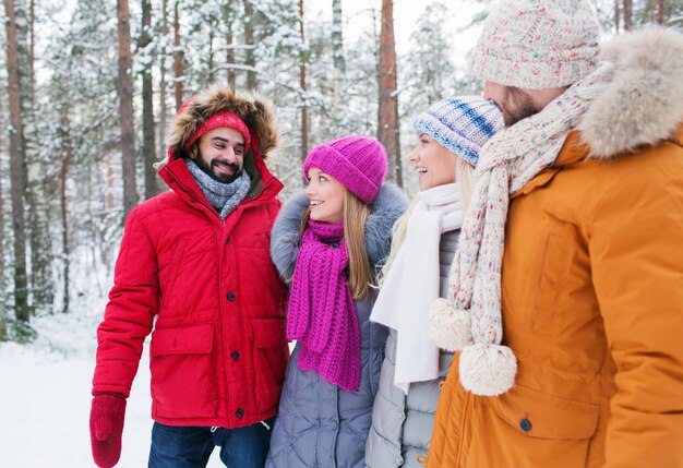 concetto di amore, relazione, stagione, amicizia e persone - gruppo di uomini e donne sorridenti che parlano nella foresta invernale