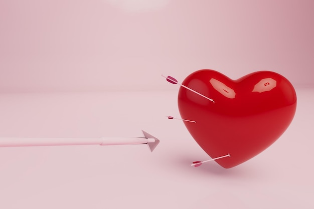 Concetto di amore un cuore trafitto da diverse frecce su uno sfondo pastello 3d rendering
