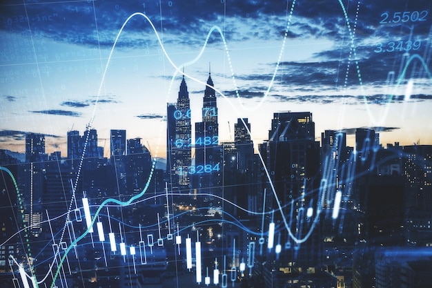 Concetto di analisi del mercato azionario con grafici a candele digitali e diagramma sullo sfondo dei grattacieli di Kuala Lumpur Malesia