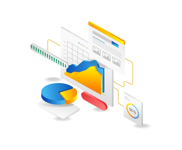 Concetto di analisi web isometrica Analisi dei dati Analisi dei dati Illustrazione vettoriale