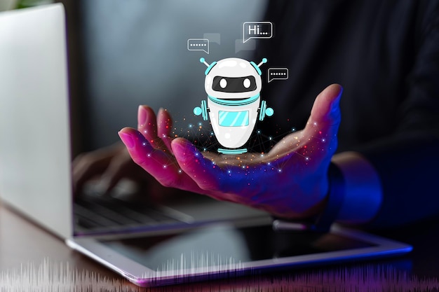 Concetto di applicazione del servizio clienti digitale intelligente AI L'applicazione mobile per computer utilizza chatbot di intelligenza artificiale per rispondere automaticamente ai messaggi online