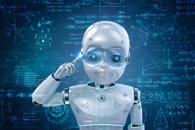 Concetto di apprendimento automatico con rendering 3d robot carino o robot di intelligenza artificiale con interfaccia grafica didattica