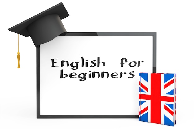 Concetto di apprendimento dell'inglese. Tappo di laurea, lavagna e libro di grammatica inglese su sfondo bianco