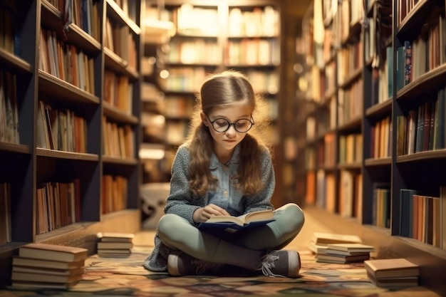 Concetto di apprendimento dello stile di vita dell'educazione dei bambini con il libro di lettura del bambino della ragazza della scuola che si siede sul pavimento della libreria