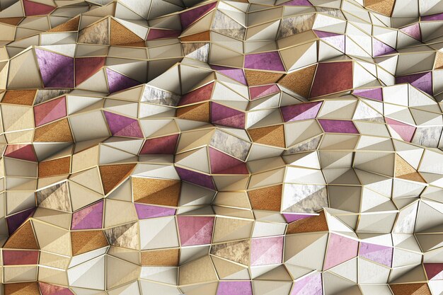 Concetto di arte moderna con mosaico 3D costituito da triangoli di metallo marrone rosa e oro come sfondo astratto Rendering 3D