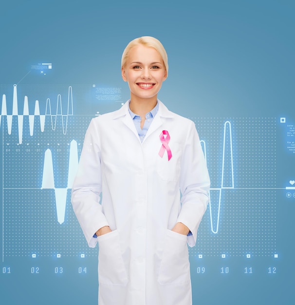 concetto di assistenza sanitaria e medicina - dottoressa sorridente con nastro rosa di consapevolezza del cancro su sfondo grafico