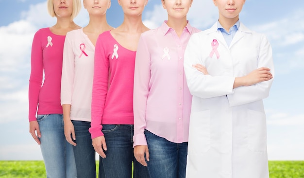 concetto di assistenza sanitaria, persone e medicina - primo piano di donne in camicie bianche con nastri rosa per la consapevolezza del cancro al seno su sfondo blu cielo e erba