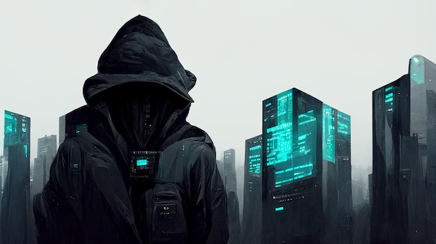 Concetto di attacco informatico dell'illustrazione di Dark Web Hooded Hacker