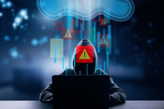 Concetto di attacco informatico e hacking con silhouette di hacker senza volto davanti al laptop e cloud di dati digitali con punti esclamativi