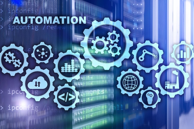 Concetto di aumento della produttività dell'automazione Processo tecnologico sullo sfondo di una sala server