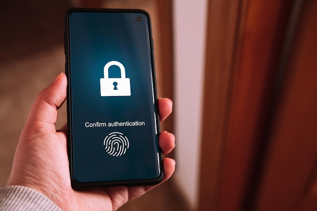 Concetto di autenticazione biometrica Smartphone con scansione delle impronte digitali Password di accesso