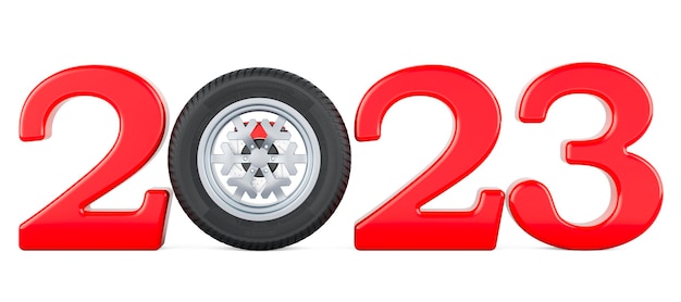 Concetto di auto 2023 con rendering 3D della ruota dell'auto