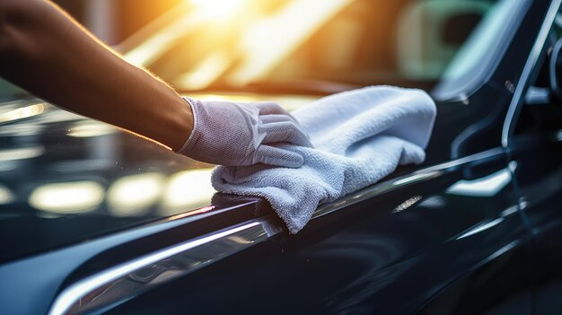 Concetto di autolavaggio Primo piano delle mani maschili nei guanti che lavano un'auto